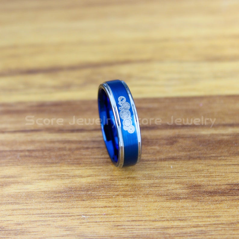FREE SHIPPING Custom Engraved 6mm Blue Tungsten Wedding Band Blue Tungsten Wedding Ring Tungsten Band with Silver Step Edge Matte Finish