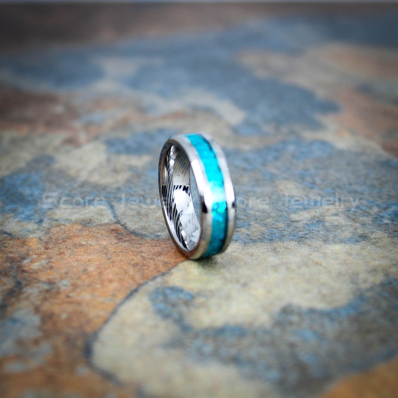 FREE Shipping Custom Engravd 6mm Silver Tungsten Band with Imitation Blue Opal Inlay and Damascus Steel Pattern Laser Engraved Tungsten Ring