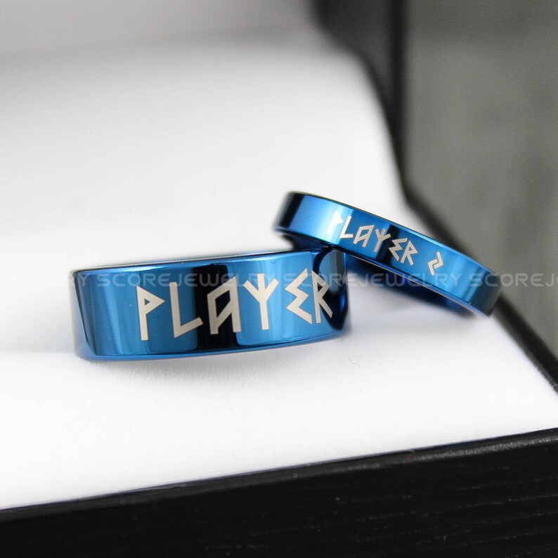 Rune Rings, Gamer Rings, Blue Gamer Ring, Couple shops Set Blue Tungsten Bands Player 1 Player 2 in Nordic Runes, Gamer Rings, Blue Tungsten Rings