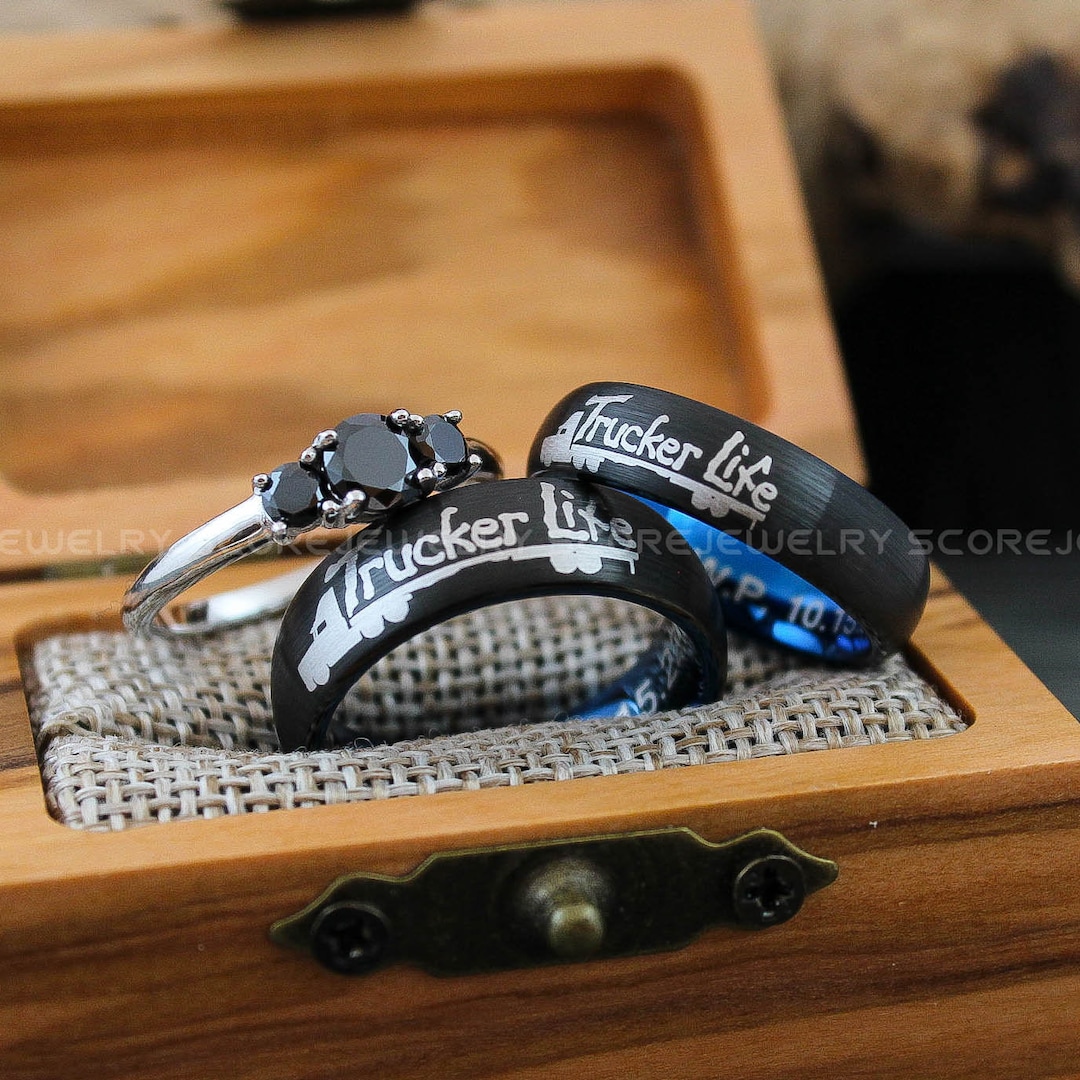 Trucker Rings, Trucker Couple Rings, Black Tungsten Band, Couple Rings ...