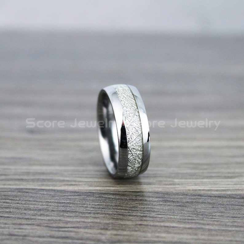 FREE SHIPPING Custom Engraved 8mm Silver Tungsten Meteorite Wedding Band Tungsten Meteorite Ring with Imitation Meteorite Texture Inlay