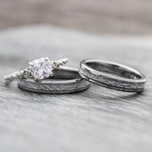 Meteorite Rings, Meteor Rings, 3 Piece Couple Set Silver Tungsten Bands Meteorite Inlay, Silver Tungsten Wedding Rings, Silver Tungsten Band