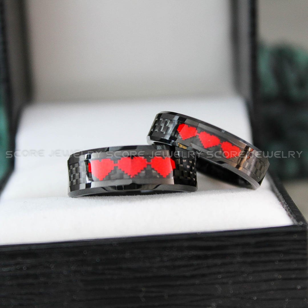 8 Bit Heart Rings, Black Tungsten Wedding Bands, Black Wedding Bands ...