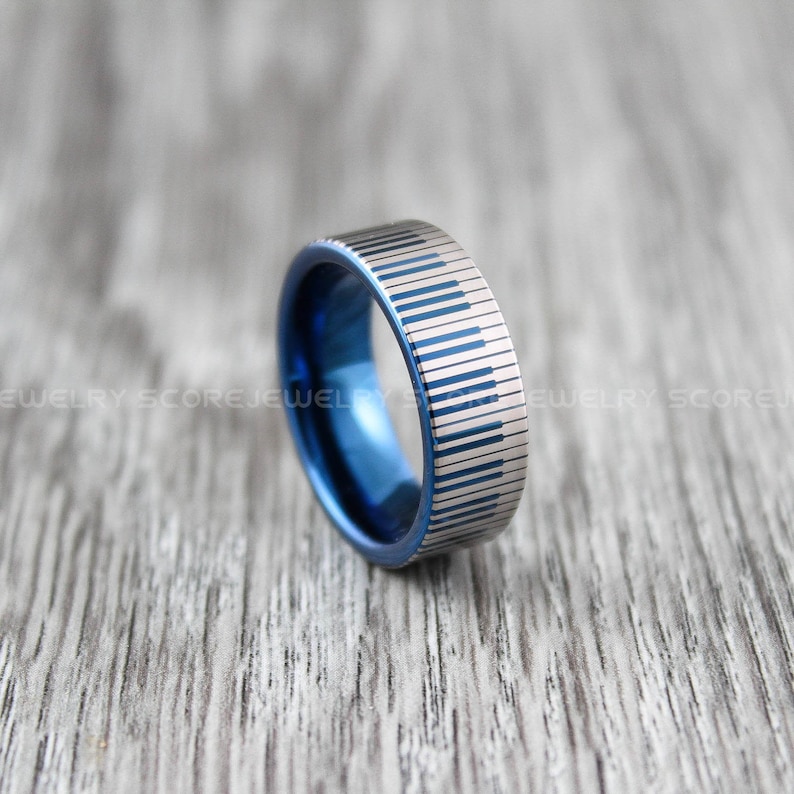 Piano Jewelry Blue Tungsten Ring Music Ring Piano Ring 8mm Blue Tungsten Band with Flat Edge and Piano Key Pattern Laser Engraved