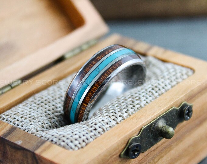 Turquoise Ring, Koa Wood Ring, 8mm Silver Tungsten Wedding Band Tungsten Ring Domed Edge Koa Wood and Turquoise Center Inlay, Koa Wood Ring