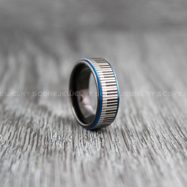 Music Rings 2 Piece Couple Set Black Tungsten Bands with Step Edge and Piano Key Pattern Black Tungsten Rings Piano Rings Piano Jewelry