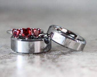 8 Bit Heart Rings, Silver Tungsten Wedding Bands, Silver Wedding Bands, Matching Wedding Rings, Silver Wedding Rings, Red Wedding Bands