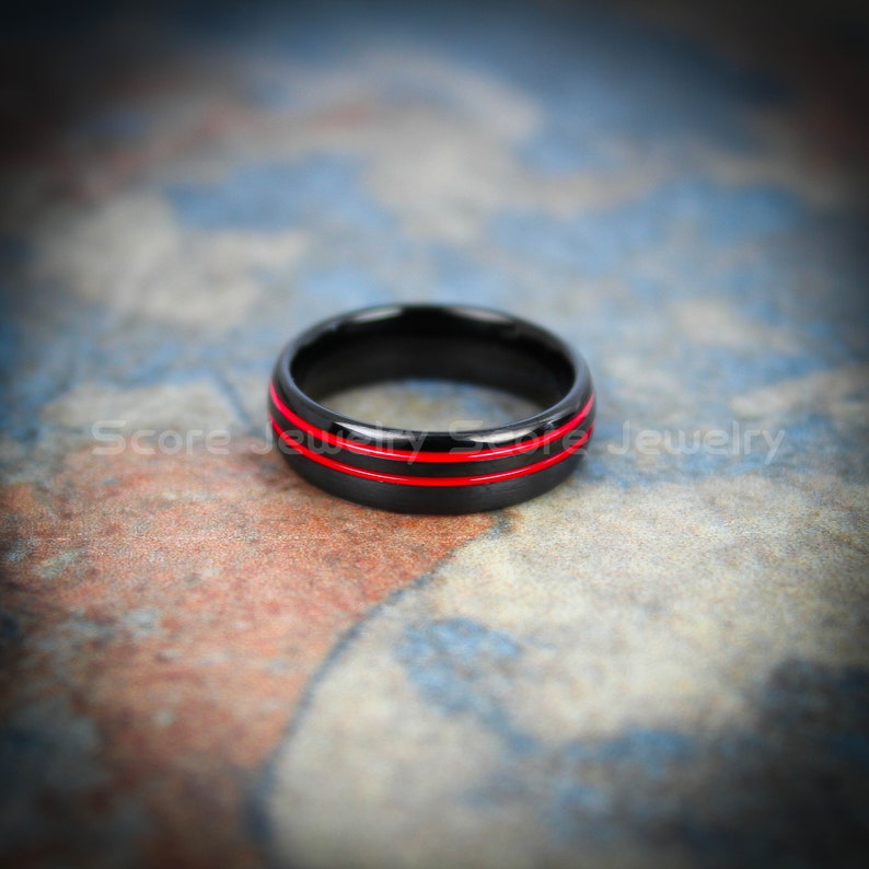 FREE SHIPPING CUSTOM Engraved 2 Piece Couple Set Black Tungsten Band with Domed Edge Red Center Grooves Brushed Finish Tungsten Wedding Band