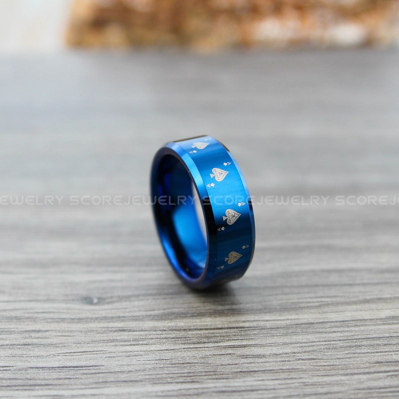 FREE SHIPPING FREE Custom Engraving 8mm Blue Tungsten Band with Beveled Edge Ace of Spades Card Suit Pattern Ring 8mm Blue Tungsten Ring