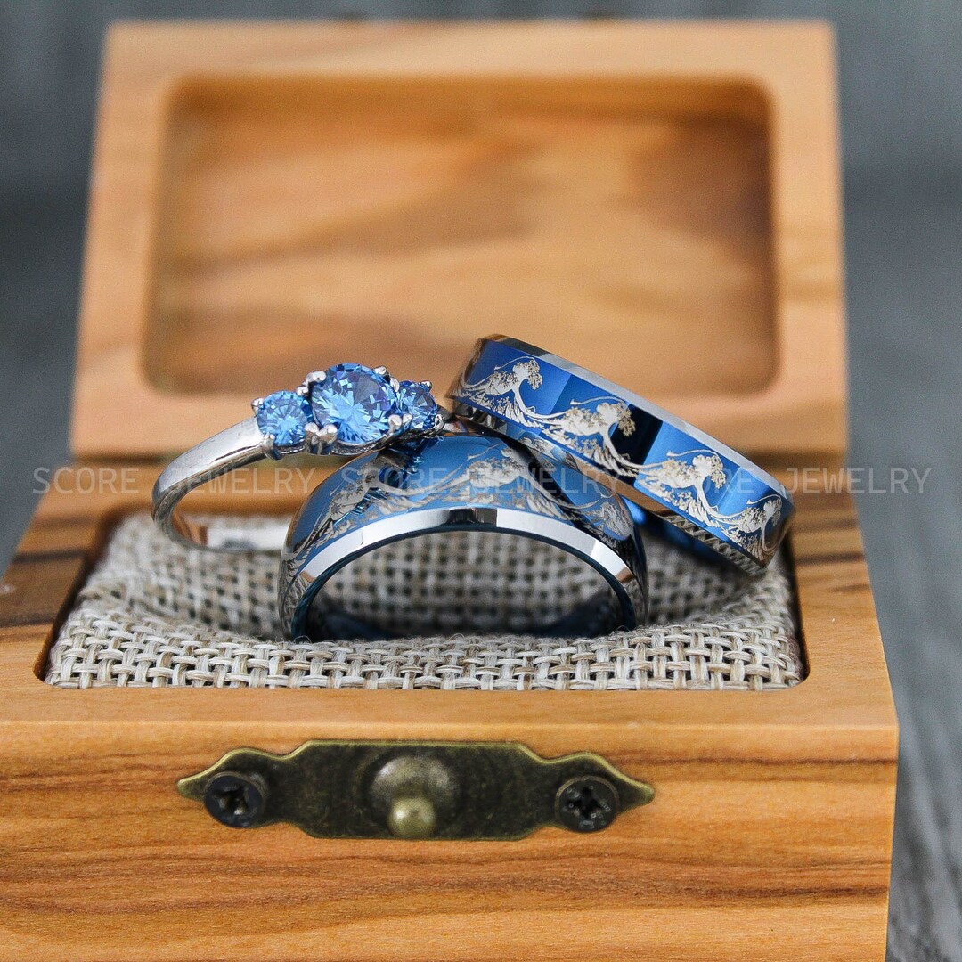 Wave Rings, Ocean Wave Rings, Beach Jewelry, 3 Piece Couple Set Blue ...