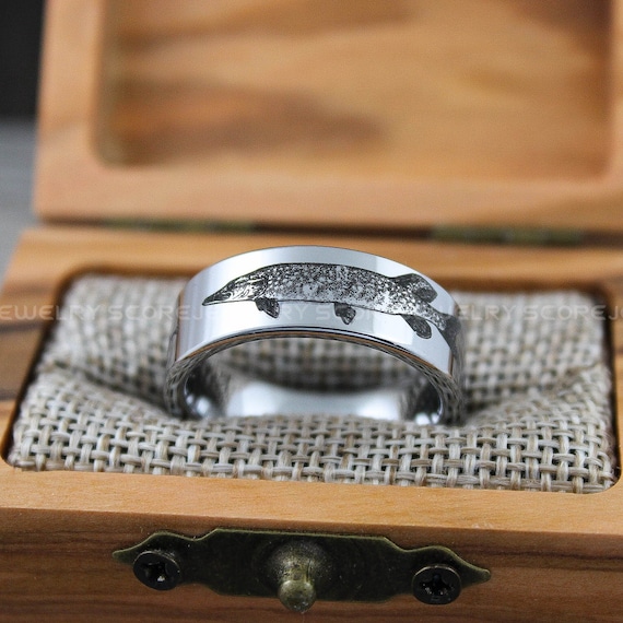 Muskie Ring, Fishing Ring, Fisherman Ring, 8mm Silver Tungsten Band with Flat Edge, Muskellunge Ring, Hunting Ring, Fishing Ring, Fish Hooks