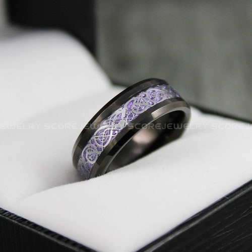 Black Wedding Rings, 2 Piece Couple Set Tungsten Bands with shops Purple Center Carbon Fiber Dragon Inlay Pattern, Black Tungsten Wedding Rings