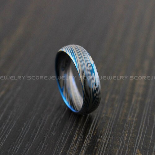 Damascus Steel Ring 8mm Silver Tungsten Band With Domed Edge Etsy