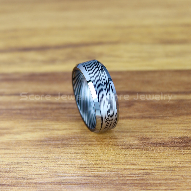 FREE SHIPPING FREE Engraving 8mm Black Tungsten Band with Beveled Edge Damascus Steel Pattern Laser Engraved Black Tungsten Wedding Ring