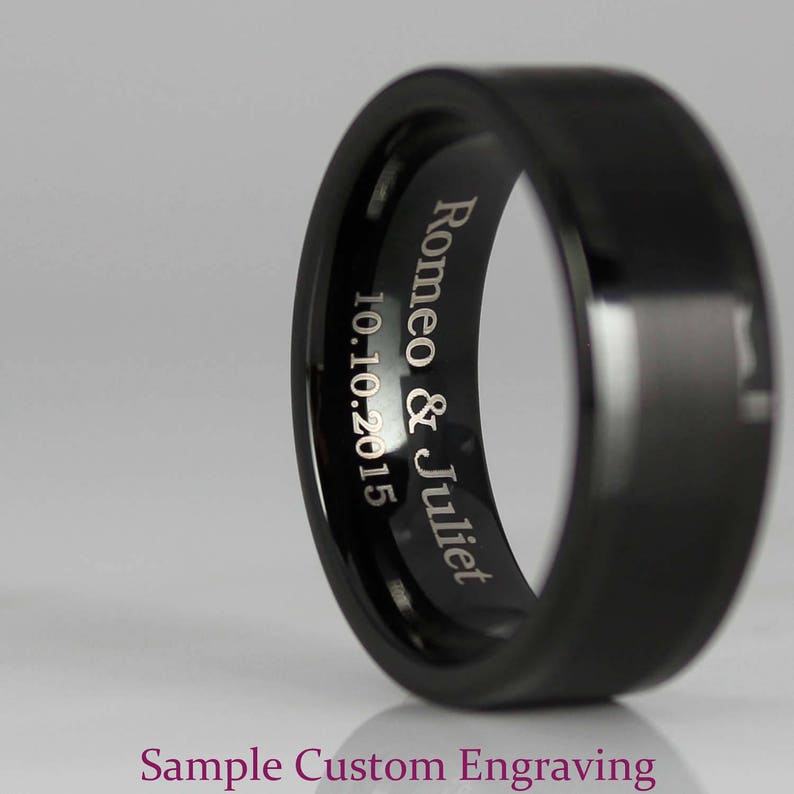 CUSTOM Engraved 8mm Black Tungsten Meteorite Wedding Band Black AAA CZ Stone Tungsten Meteorite Ring with Imitation Meteorite Texture Inlay