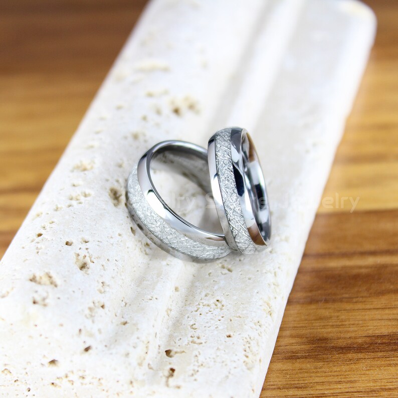 FREE SHIPPING Custom Engraved 8mm Silver Tungsten Meteorite Wedding Band Tungsten Meteorite Ring with Imitation Meteorite Texture Inlay