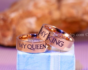 King and Queen Rings, King and Queen Wedding Rings, 2 Piece Couple Set 14K Rose Gold Tungsten Bands with Flat Edge My Queen My King Rings