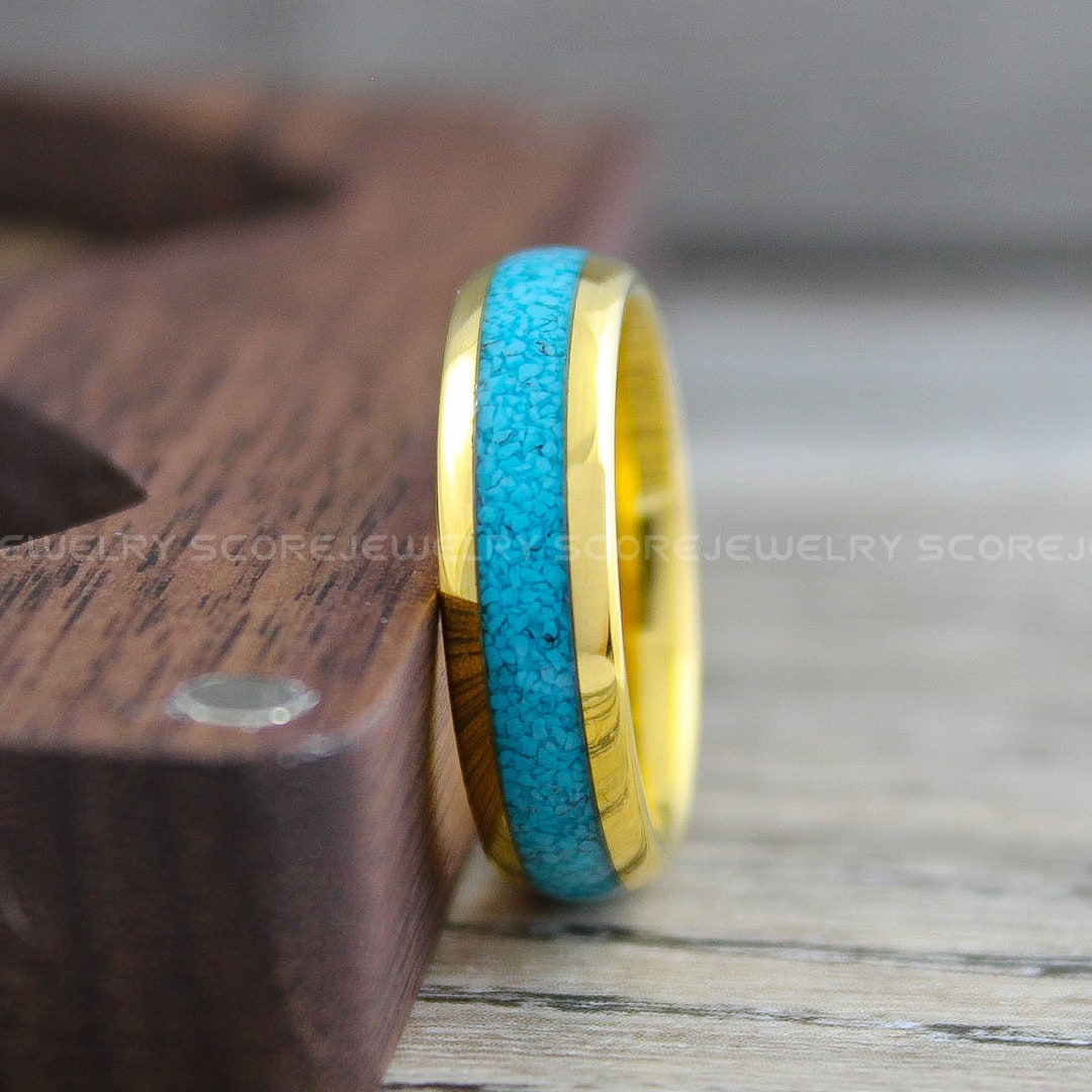 Turquoise Ring, Turquoise Wedding Ring, 6mm 14K Yellow Gold
