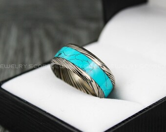 ターコイズリング、ターコイズ結婚指輪、10 mm ブラックタングステン