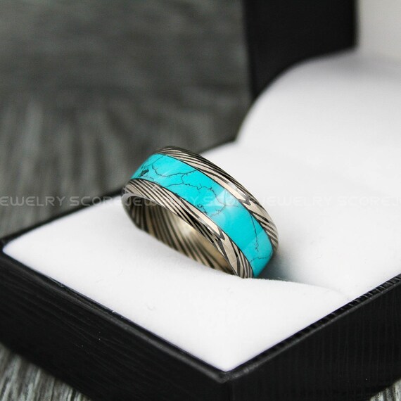 ターコイズリング、ターコイズ結婚指輪、10 mm ブラックタングステン