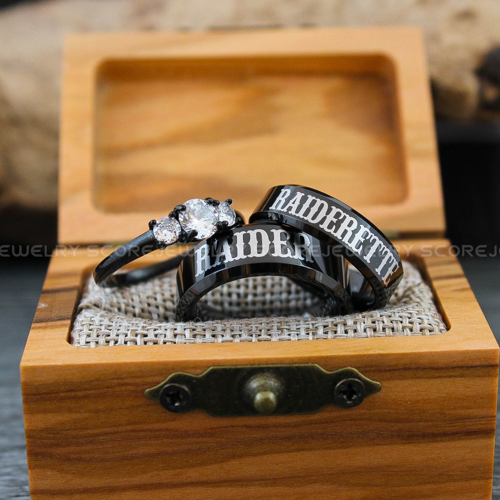 Raider Raiderette Rings, 3 Piece Couple Set Black Tungsten Rings