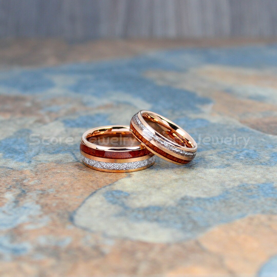 2 Piece Couple Set 14K Rose Gold Tungsten 2 Tiered Meteorite Koa