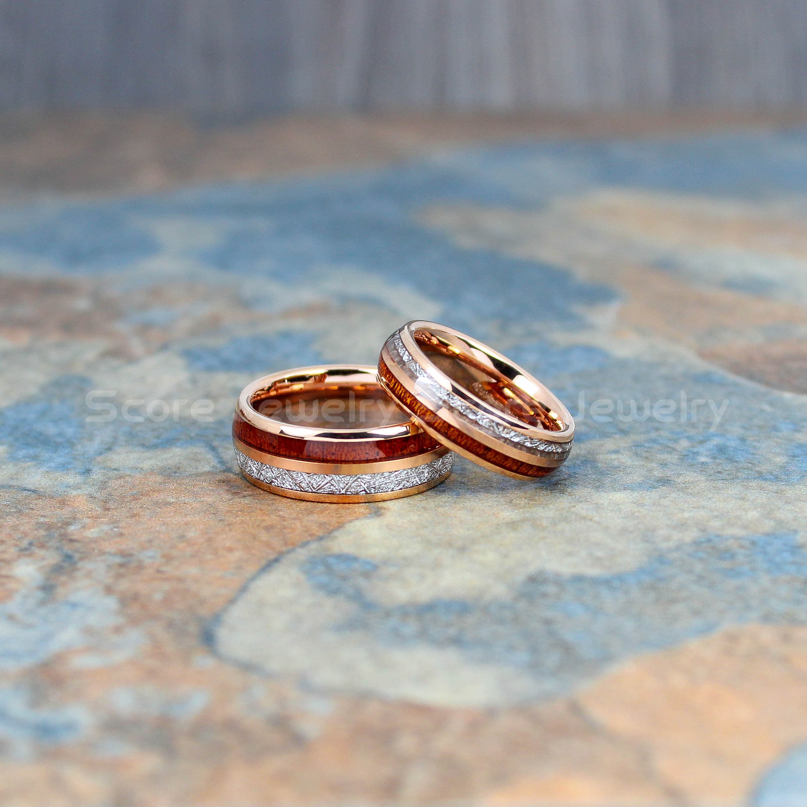 2 Piece Couple Set 14K Rose Gold Tungsten 2 Tiered Meteorite Koa Wood
