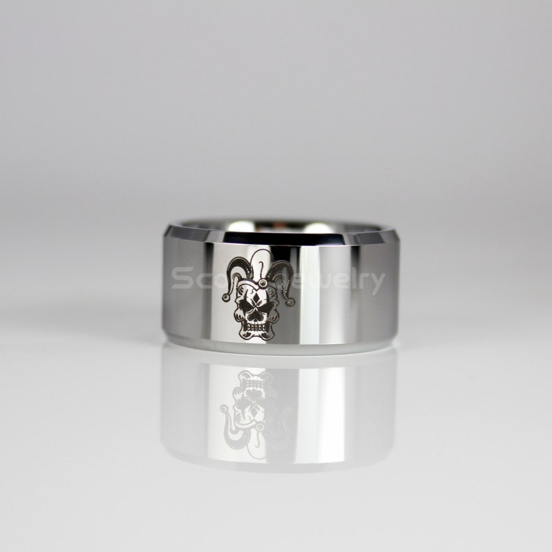 12mm Tungsten Band with Beveled Edge Joker Skull Design Ring 12mm Tungsten Ring