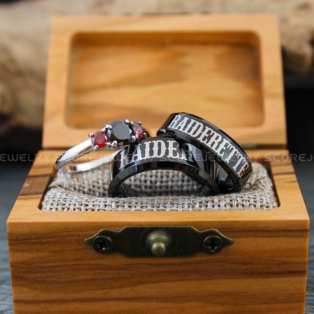 Raider Raiderette Rings, 3 Piece Couple Set Black Tungsten Rings