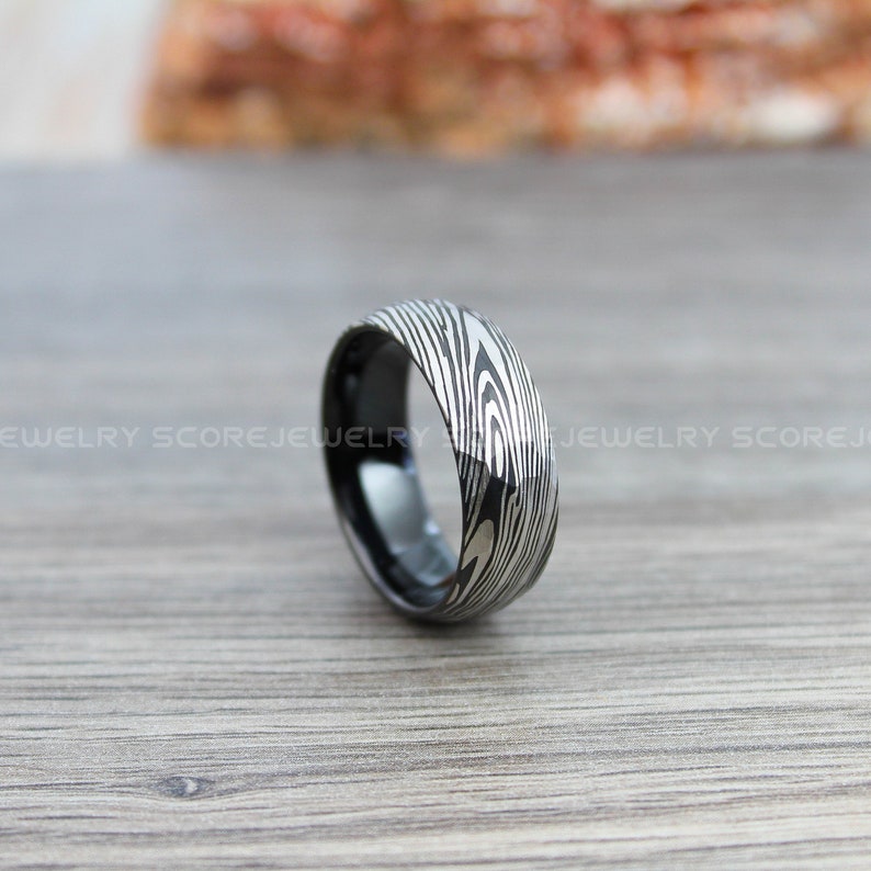 FREE SHIPPING FREE Engraving 8mm Black Tungsten Band Domed Edge Hammered Finish Damascus Steel Pattern Laser Engraved Black Tungsten Ring