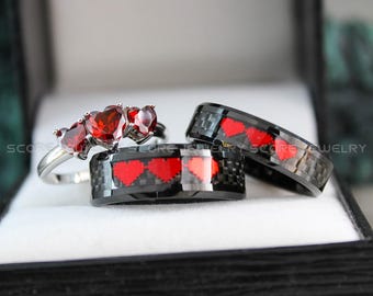 8 Bit Heart Rings, Black Tungsten Wedding Bands, Black Wedding Bands, Matching Wedding Rings, Black Wedding Rings, Red Wedding Bands