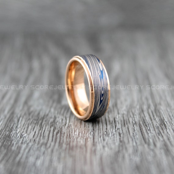 Damascus Steel Ring, 6mm 14K Rose Gold Tungsten Wedding Band Step