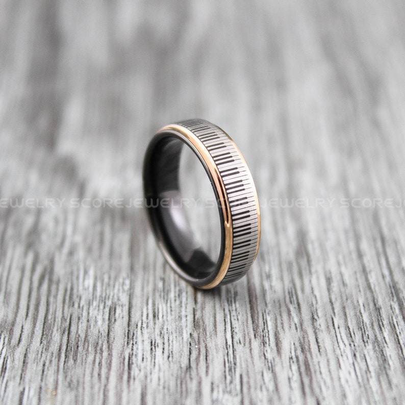 Piano Jewelry Black Tungsten Rings Music Rings Piano Rings 2 Piece Couple Set Black Tungsten Bands with Step Edge and Piano Key Pattern