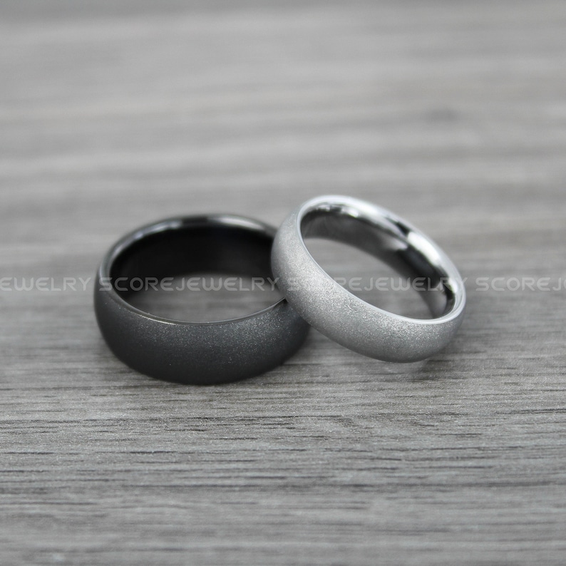 FREE SHIPPING Custom Engraved 2 Piece Couple Set 8mm /& 6mm Tungsten Bands with Domed Edge Sandblasted Finish Tungsten Wedding Bands
