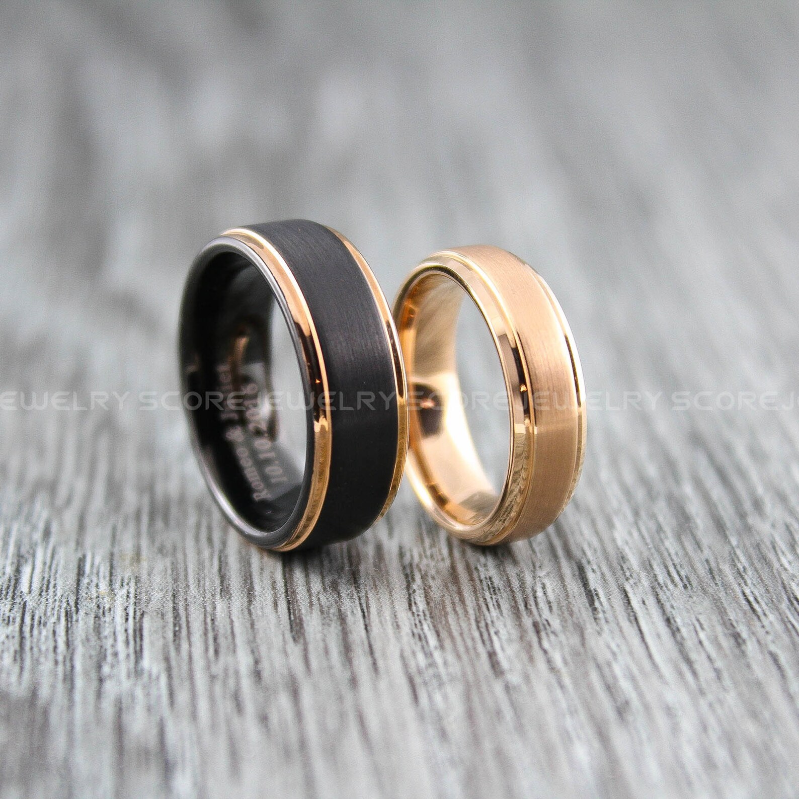 Black Wedding Ring Rose Gold Wedding Ring 2 Piece Couple Set Etsy