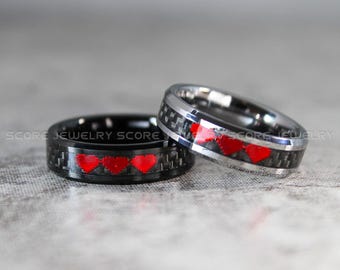 8 Bit Heart Rings, Black Tungsten Wedding Bands, Black Wedding Bands, Matching Wedding Rings, Black Wedding Rings, Red Wedding Bands