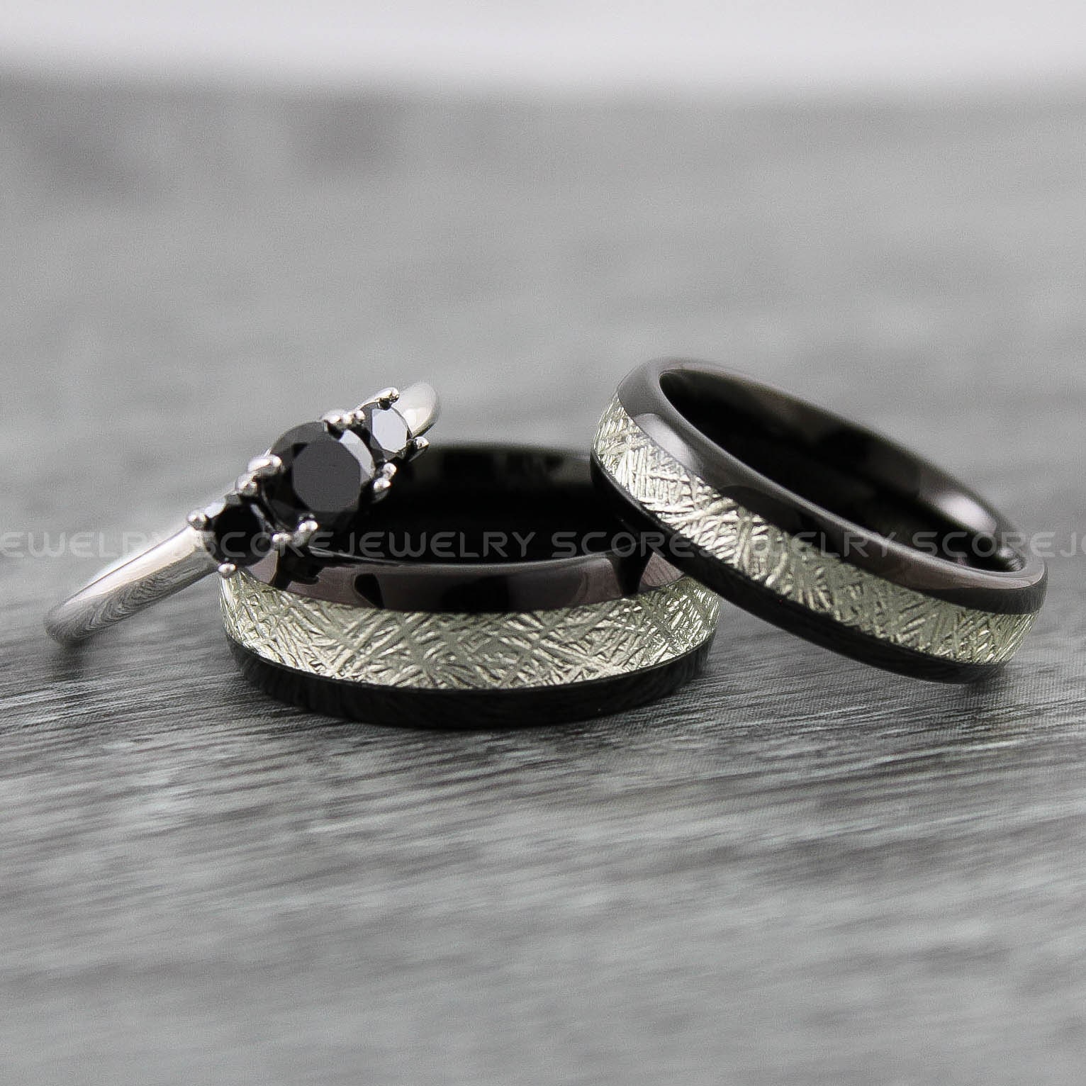 Meteorite Rings, Meteor Rings, 3 Piece Bridal Set Black