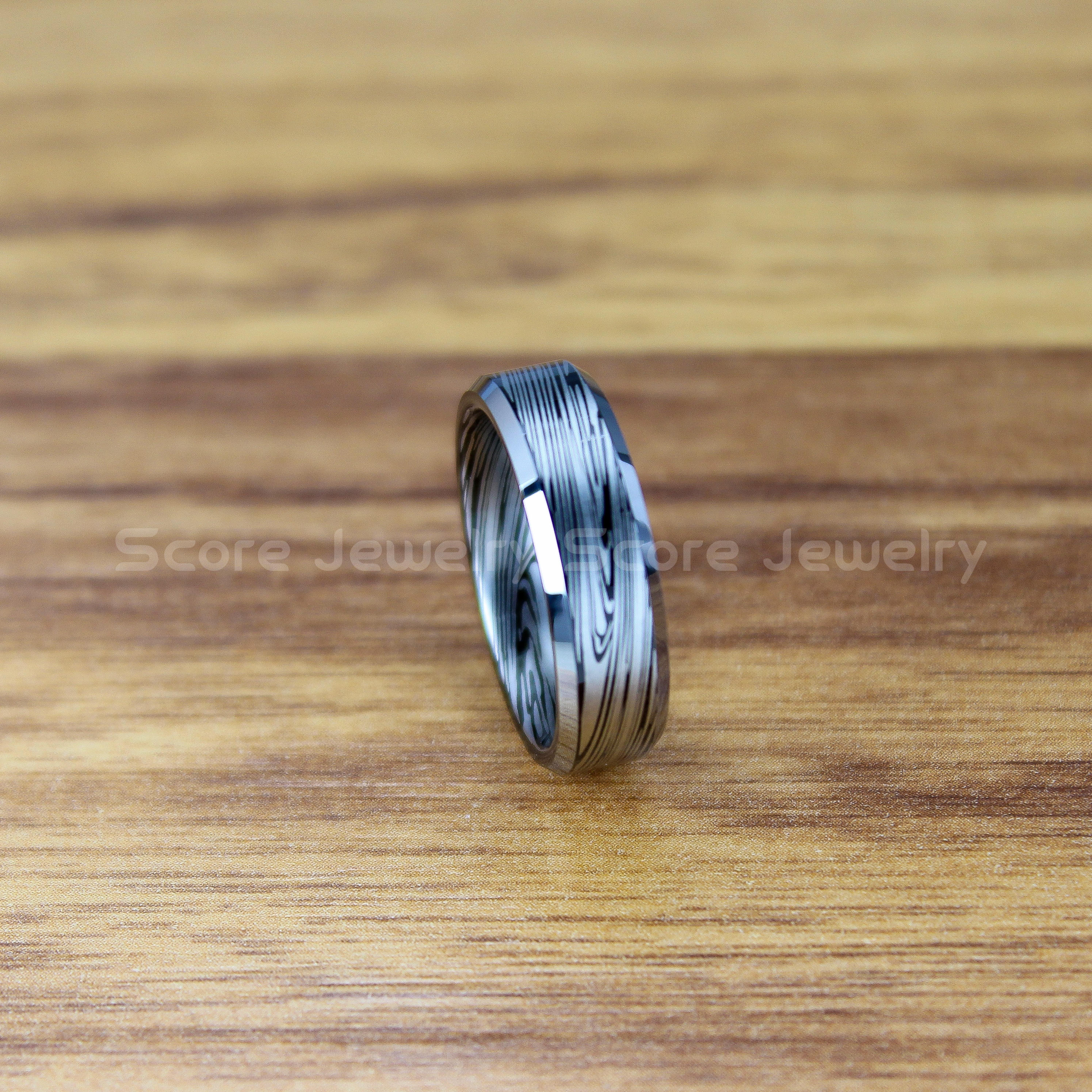 Damascus Steel Ring 6mm Black Tungsten Band With Beveled Edge Etsy