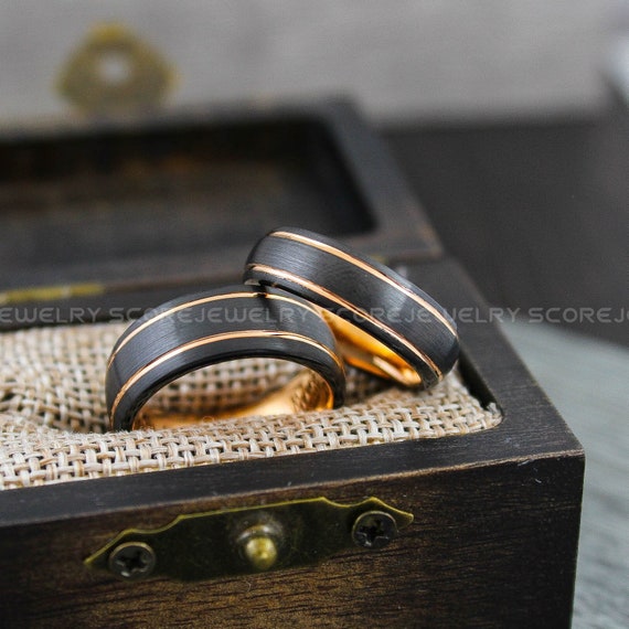 Black Tungsten Wedding Bands, Black Tungsten Rings, Domed Edge Brushed Finish 14K Rose Gold Center Grooves FREE SHIPPING 2 Piece Couple Set