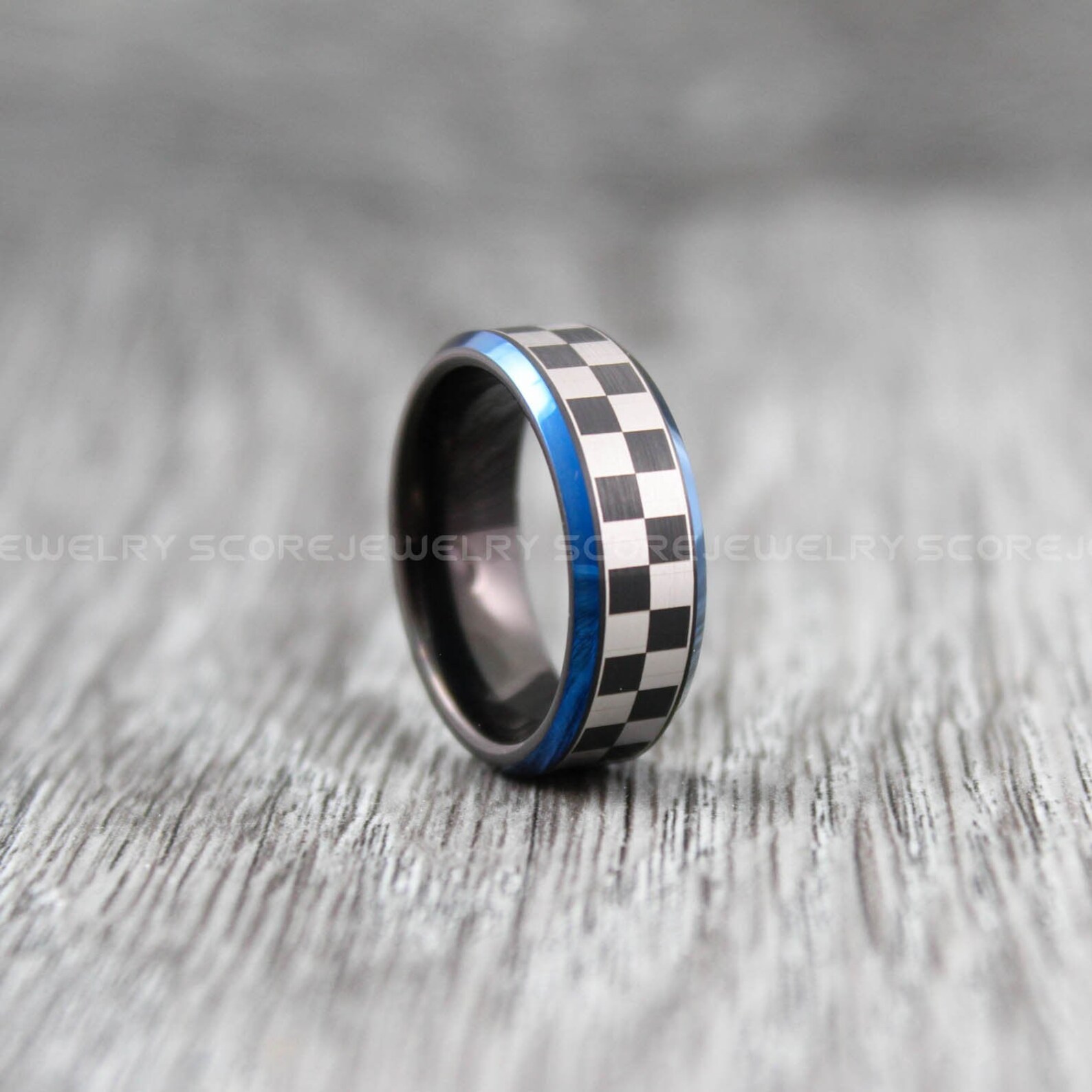 Checkered Flag Ring, Racing Ring, 8mm Black Tungsten Wedding Band Blue ...
