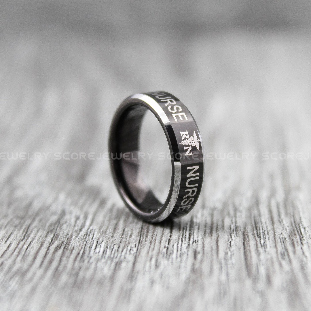 First Responder Rings Nurse Ring, First Responder Ring, Black Tungsten Wedding Band With ...
