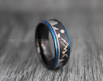 Forest Ring, Mountain Range Ring, Boreal Forest Ring, 8mm Black Tungsten Ring Fir Trees Ring, Outdoors Landscape Ring, Tungsten Wedding Ring