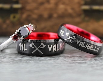 Til Valhalla Rings, Viking Rings, Runes Rings, 3 Piece Couple Set Nordic Rings, Norsemen Rings, Nordic Runes Rings, Black Tungsten Bands