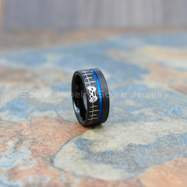 FREE SHIPPING FREE Custom Engraving 10mm Black Tungsten Band with Flat Edge Controller Ring Gamer Ring Player Ring Tungsten Gamer Ring