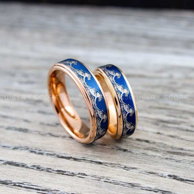 Wave Rings, Ocean Wave Rings, Beach Jewelry, 3 Piece Couple Set Rose ...
