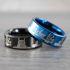 Trucker Ring, Trucker Paar Ringe, schwarze Wolfram Band, blau Wolfram Band, LKW-Fahrer Ring, Trucker Leben, LKW-Ring Traktor Anhänger Ring