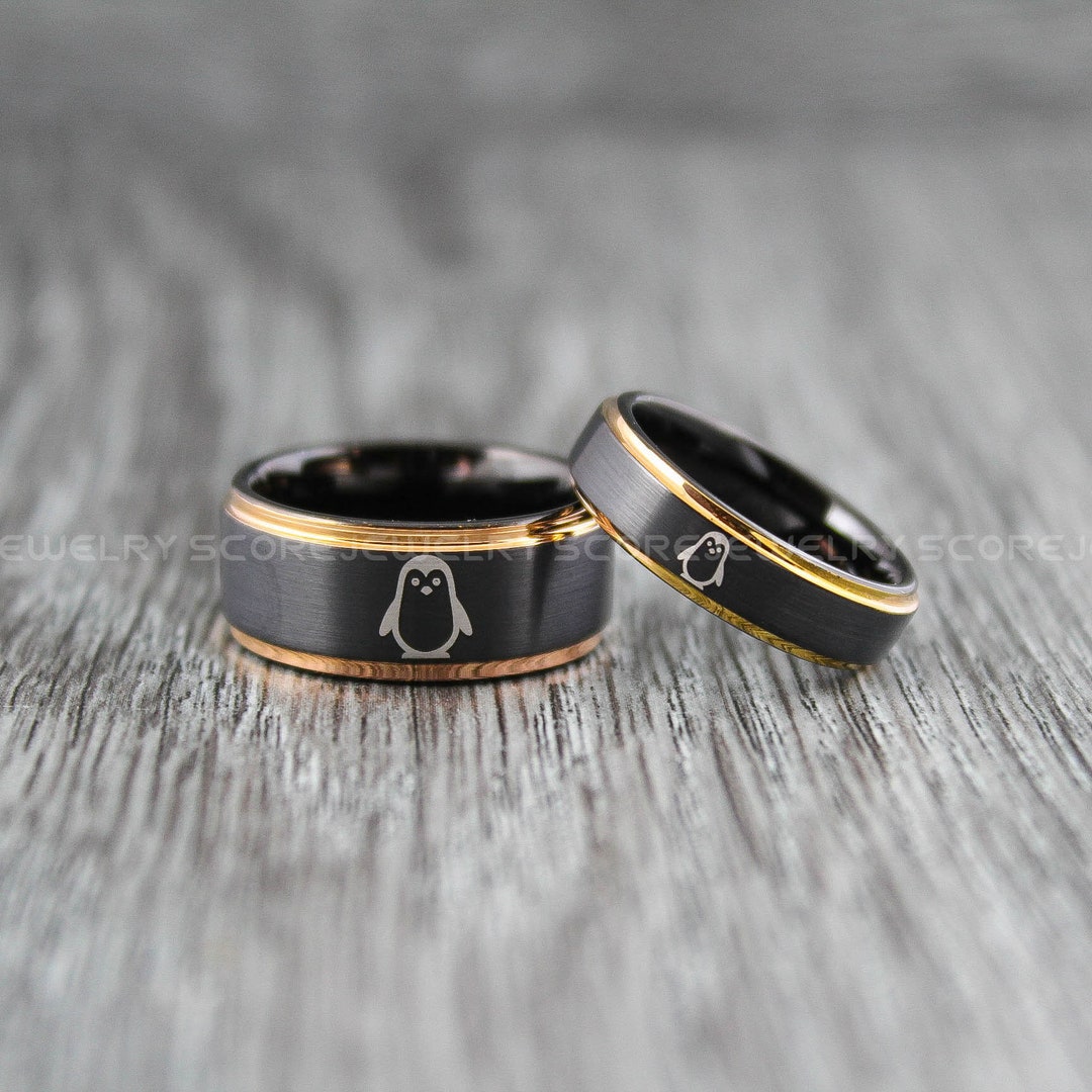 Penguins Ring, Penguin Jewelry, 2 Piece Couple Set Black Tungsten Bands ...