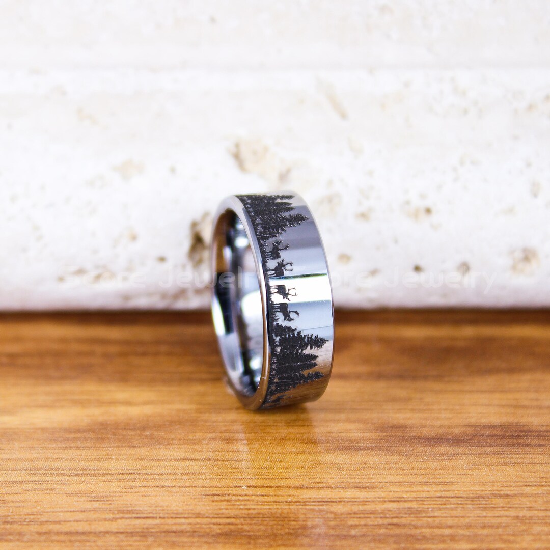 Hunting Rings Deer Ring, Forest Ring, Deer Hunting Ring, 8mm Silver Tungsten Band ...