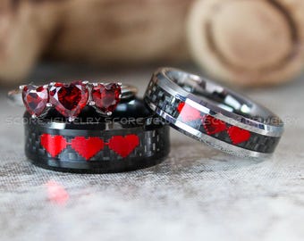 8 Bit Heart Rings, Silver Tungsten Wedding Bands, Silver Wedding Bands, Matching Wedding Rings, Silver Wedding Rings, Red Wedding Bands