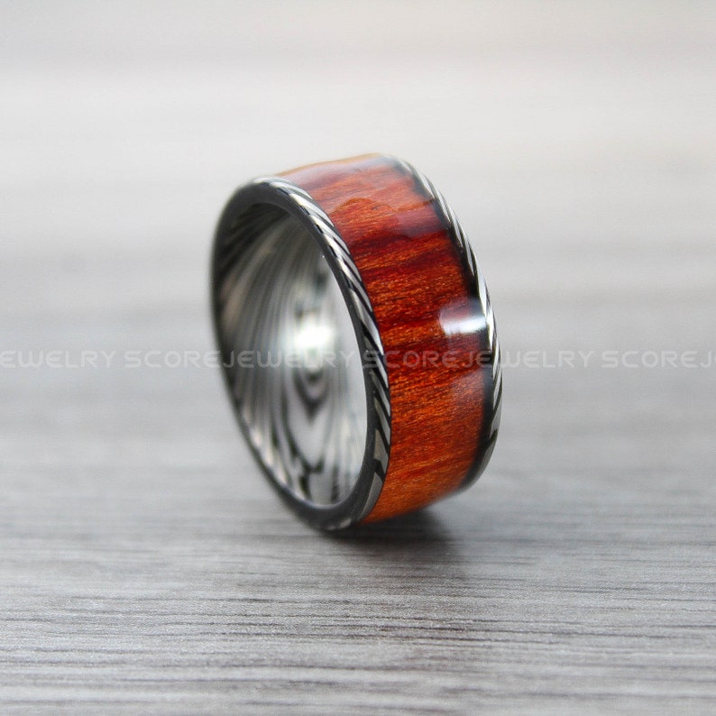 Koa Wedding Ring 10mm Black Tungsten Band with Koa Wood Inlay 10mm Black Tungsten Wedding Ring Koa Wood Tungsten Band Koa Wood Ring